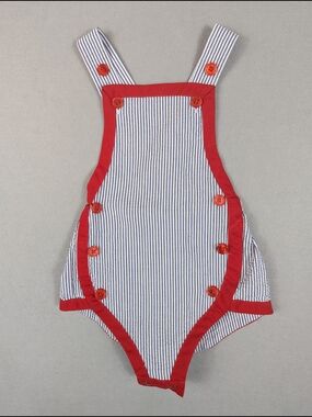 Bella Bliss Sunsuit Romper Blue White Striped Red Trim 12M 100% Cotton